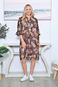 La Mode Front Button Flare Sleeve Dress