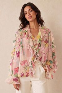Smaibulun Floral Ruffle Chiffon Blouse