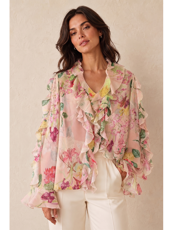 Smaibulun Floral Ruffle Chiffon Blouse