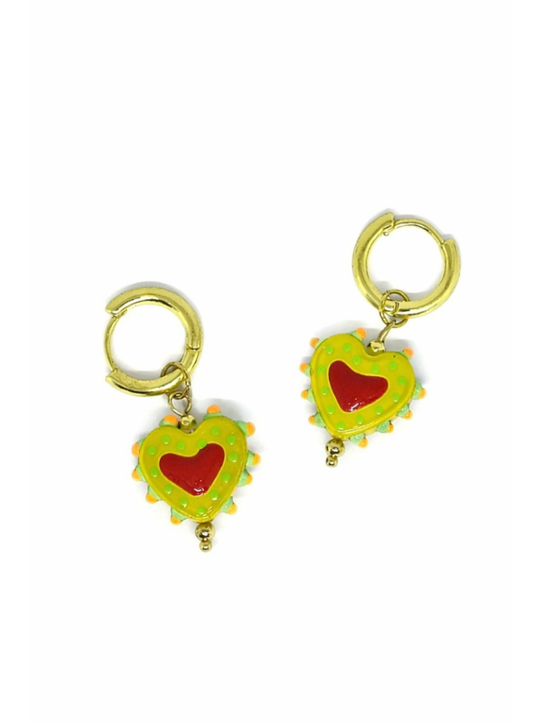 Tiger Tree Hanging Painted Heart Huggie Earrings