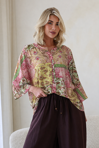 St. Germain Paisley Gather Sleeve Button Top