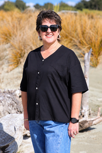 White On Black V Neck Button Thru Top
