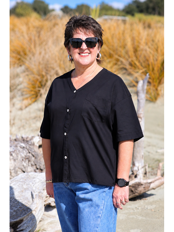 White On Black V Neck Button Thru Top
