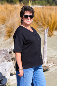White On Black V Neck Button Thru Top