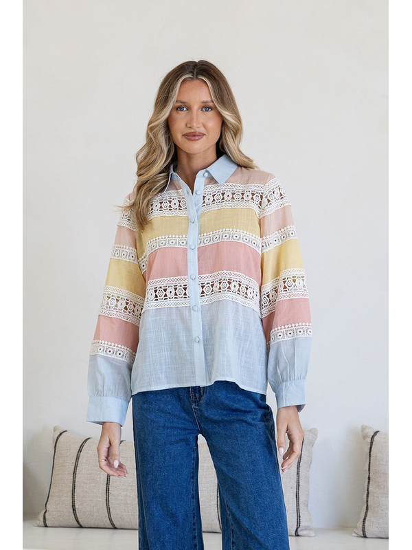 White Poetry Lace Trim Spliced Cotton Shirt