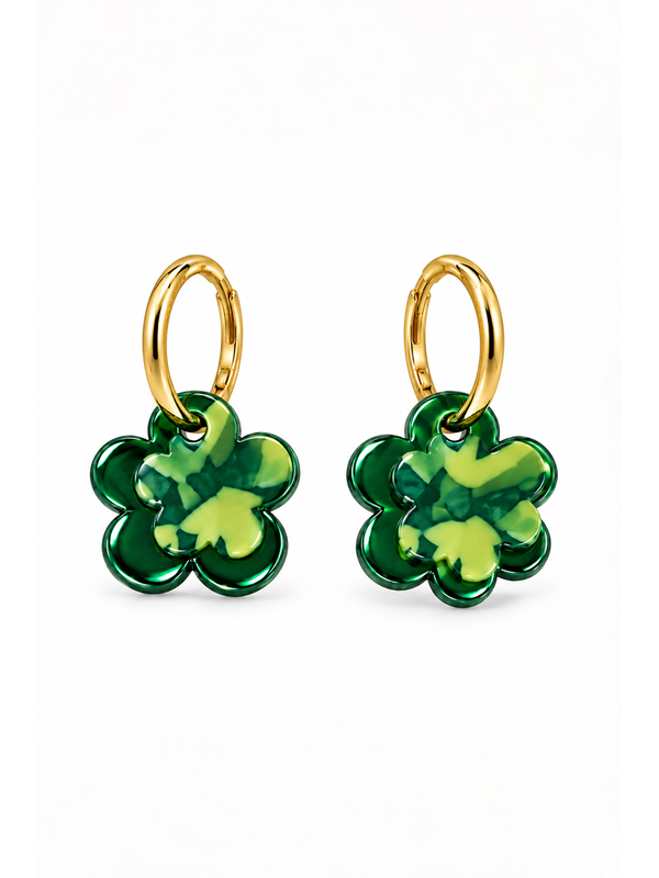 Tiger Tree Green Metallic Spinning Flower Hoops Earrings