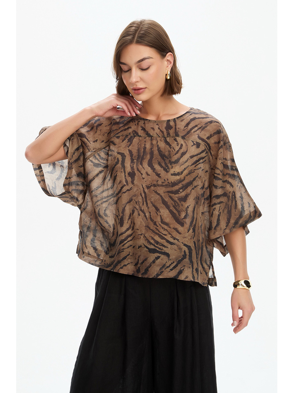 Tirelli Wide Sleeve Sheer Tiger Print Top 