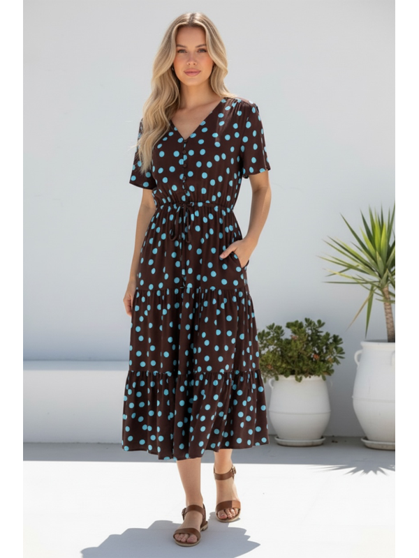 Miracle Polka Dot Drawstring Midi Dress