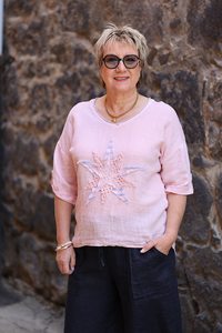La Strada Linen Applique Star Metallic Top